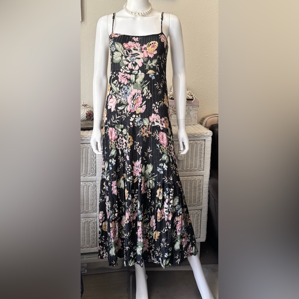 Auguste The Label Maxi Dress Pink Floral on Black w/ Metallic Pinstripes Size 2